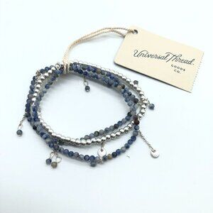 Universal Thread Bracelet Genuine Stone Beaded Blue Stretch Dangle Silver Tone
